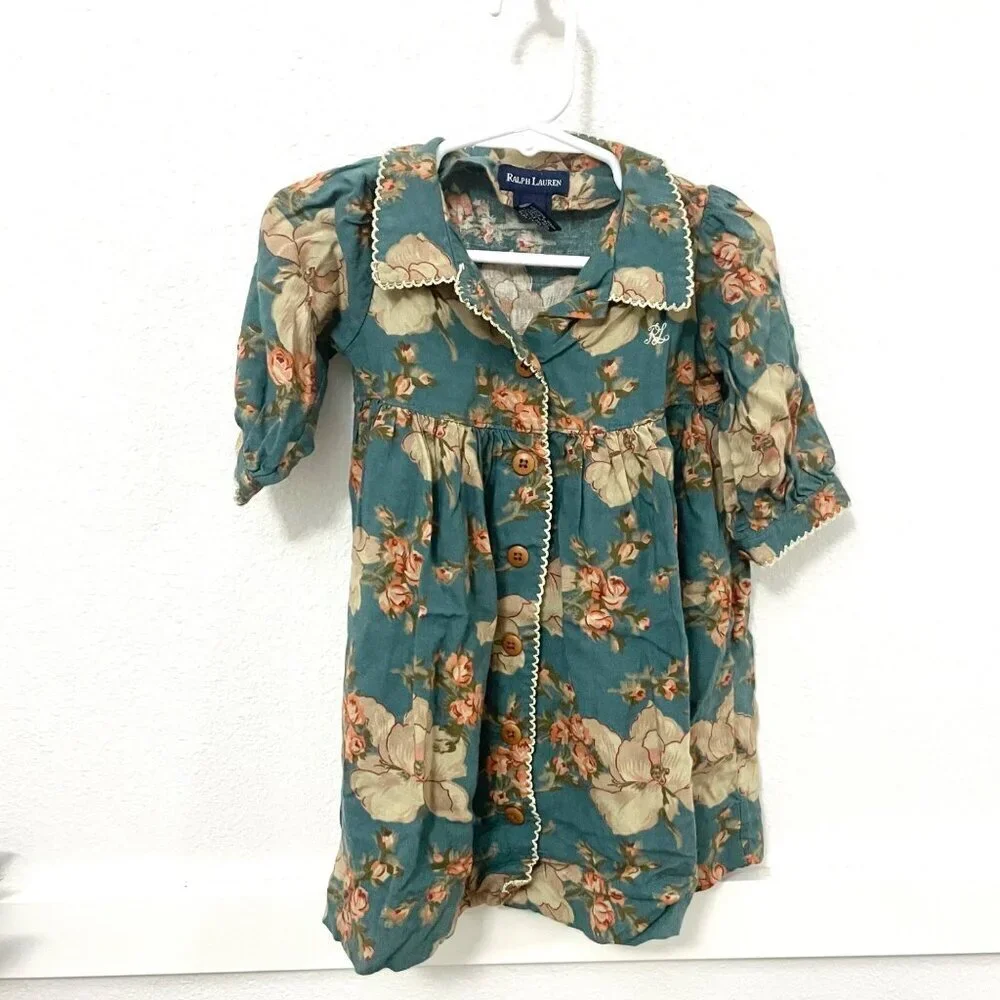 Ralph Lauren Blue Floral Long Sleeve Western Dress Size 3-6M
